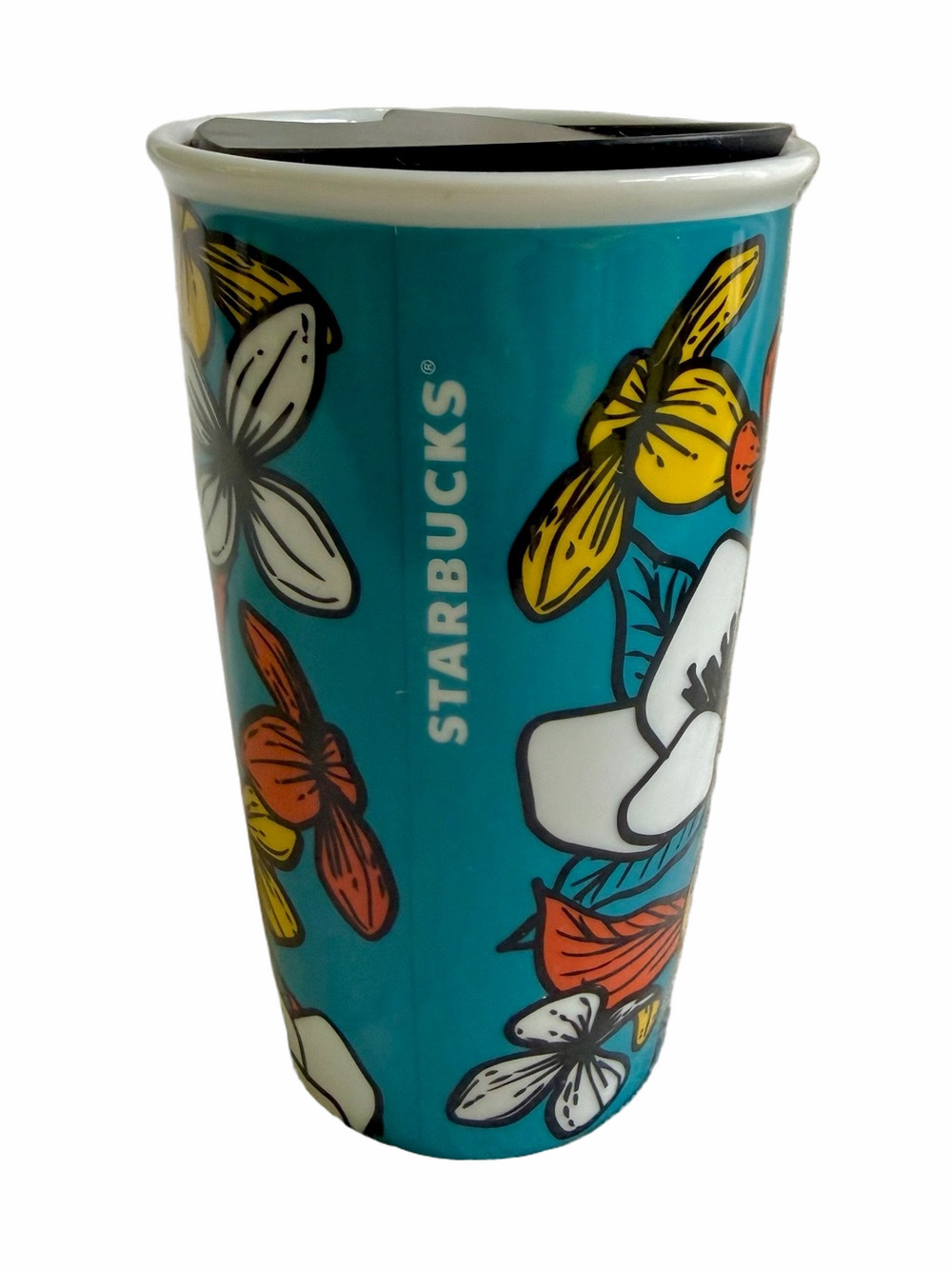 Starbucks Teal Poppy Floral Ceramic Travel
Tumbler 12oz EUC Yellow Red